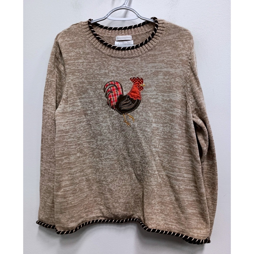 90s VTG CJ Banks Sweater Womens 1X Tan Rooster Hand Embroidered Farmcore Cotton - Picture 1 of 11